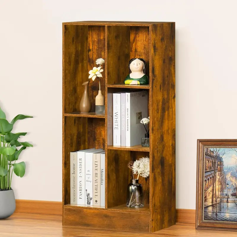 LEYAOYAO Natural Wood 7-Cube Bookshelf  Modern Open-Back Storage Unit with Solid Legs