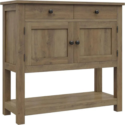 HOSTACK Farmhouse Console Table  Rustic Brown Entryway or Coffee Bar with Cabinet, Drawers & Shelf