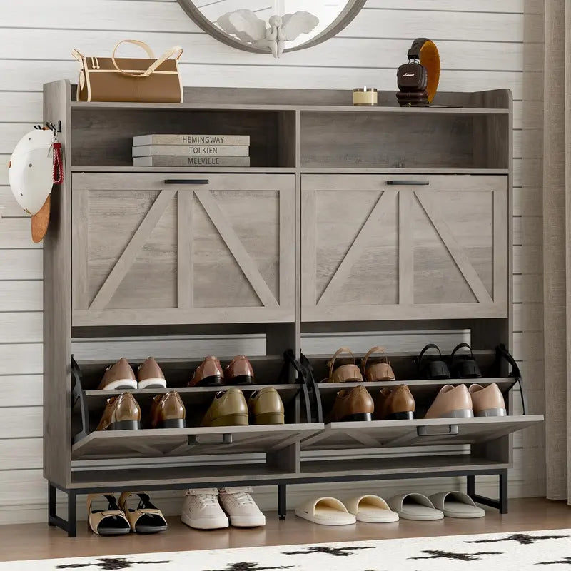 Minimalist Wooden Shoe Storage Cabinet with 2 Flip Drawers and Slim Profile