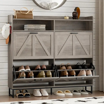 Minimalist Wooden Shoe Storage Cabinet with 2 Flip Drawers and Slim Profile