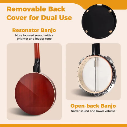 5-String Open-Back Banjo  Professional-Grade Remo Synthetic Drumhead
