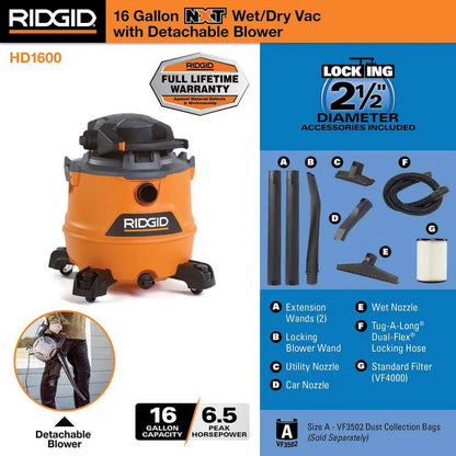 HD1600 16-Gallon Wet/Dry Shop Vacuum  6.5 Peak HP with Detachable Blower & Accessory Kit