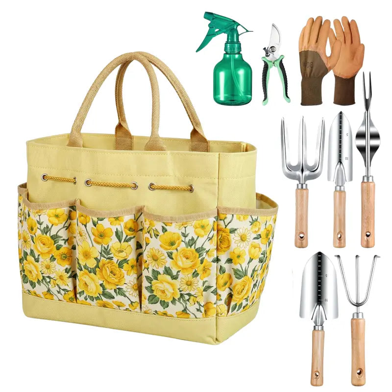 9-Piece Floral Garden Tool Set with Carry Tote and Ergonomic Hand Tools