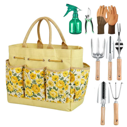 9-Piece Floral Garden Tool Set with Carry Tote and Ergonomic Hand Tools