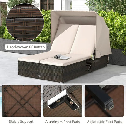 RELAX4LIFE Outdoor Wicker Daybed  Retractable Canopy Chaise Lounge with 6-Position Backrest