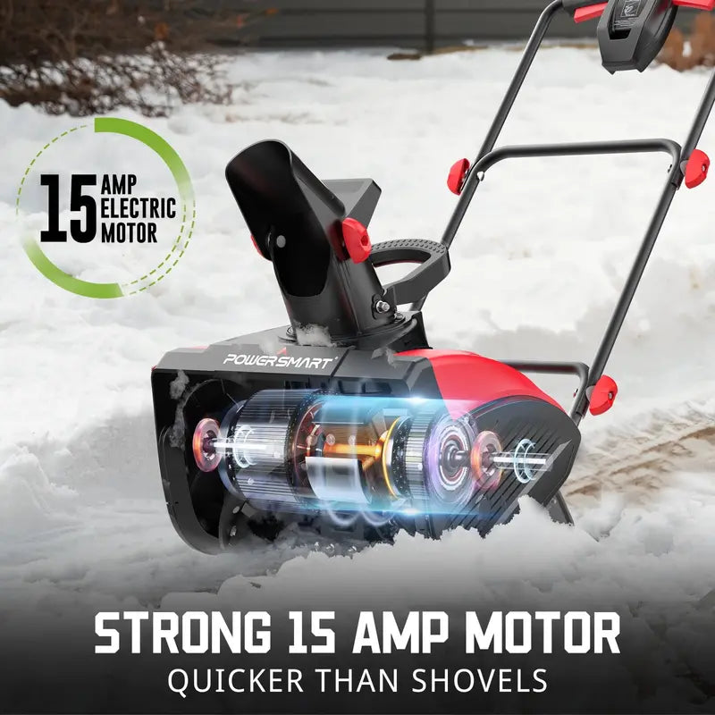 PowerSmart 18″ Corded Electric Snow Blower, 15A Motor, Lightweight, 180° Chute Adjustment