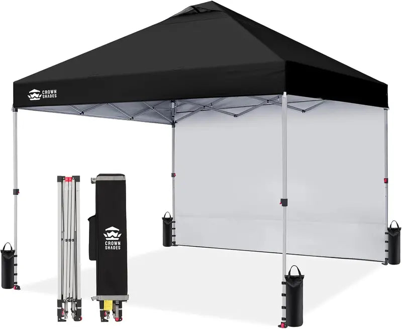 CROWN SHADES 10′ x 10′ Pop-Up Canopy with Single Sidewall: Portable Event Shelter for Parties, Campgrounds, and Outdoor Markets — Includes STO-N-Go Carry Bag