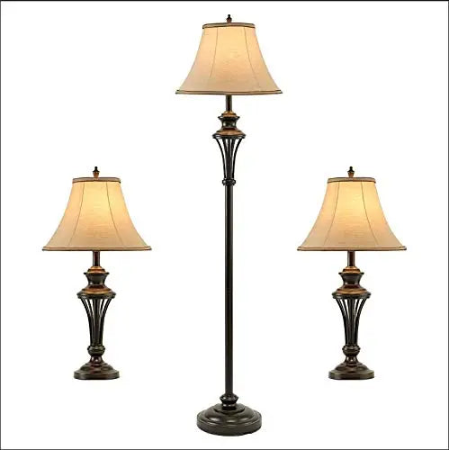 Smeike 3 Pack Vintage Style Table and Floor Lamp Set in Bronze Finish with Brown Fabric Lamp Shades