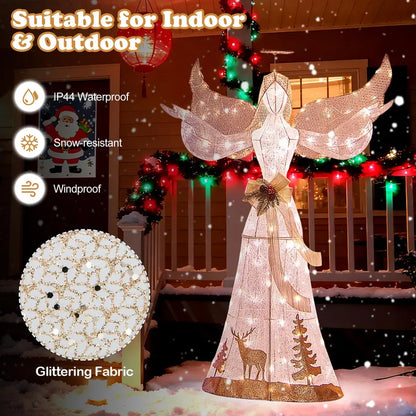 Pre-Lit 3D Glittered Angel Ornament with 100 Warm White Lights, Halo, Bow, and Ground Stake