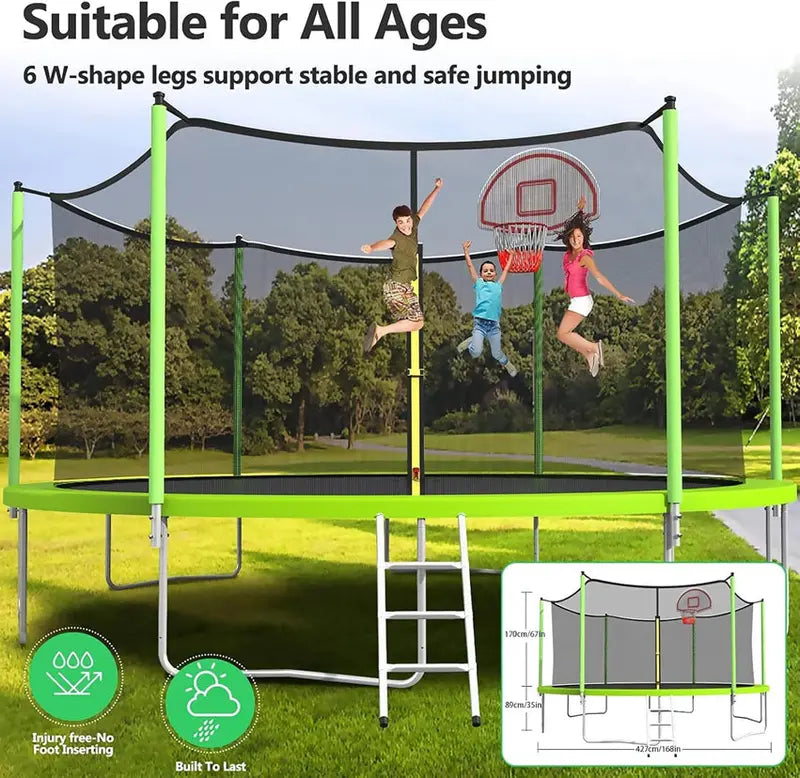 16-Foot Upgraded Trampoline with Enclosure Net and Adjustable Basketball Hoop