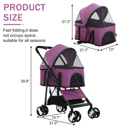 Folding Pet Stroller Dog Cat Stroller with Detachable Carrier Storage Basket, 3 in 1 Lightweight Waterproof Travel Stroller(Purple)