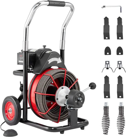 100-Foot Auto-Feed Drain Snake  550W Portable Sewer Auger with 8 Cutters, Foot Switch & Wheel Base for 2″4″ Pipes