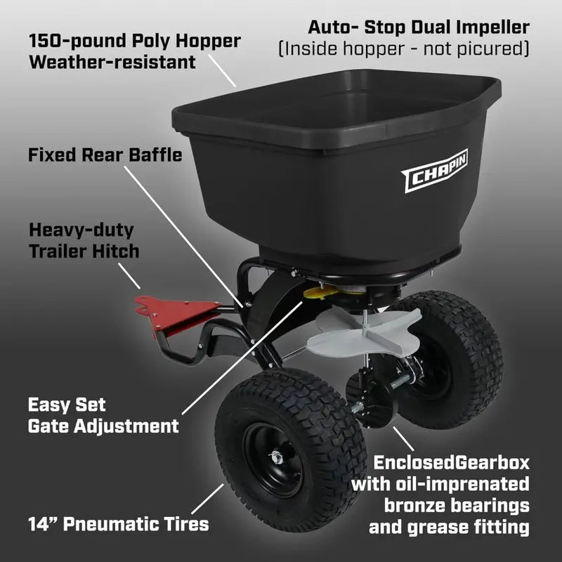 Chapin 8622B Tow-Behind Spreader  150-Pound Capacity, Auto-Stop Impeller, 11-Position Gate Adjustment