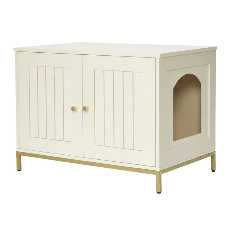 Modern Cabinet-Style Litter Box Hideaway with Metal Frame and Smooth Tabletop Surface