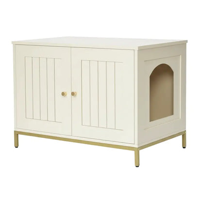 Modern Cabinet-Style Litter Box Hideaway with Metal Frame and Smooth Tabletop Surface