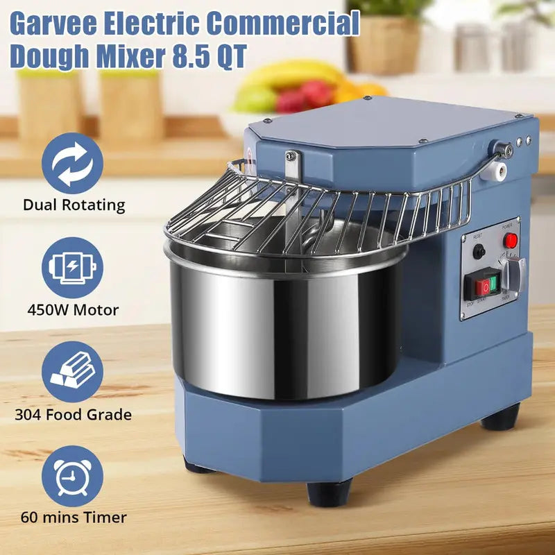 8-Quart Commercial Food Mixer  450W Dual-Arm Kneading, Stainless Steel Bowl, Safety Shield & Programmable Timer