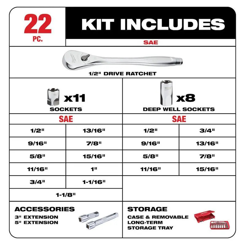 22-Piece 1/2 in. Drive SAE Ratchet & Socket Mechanics Tool Set