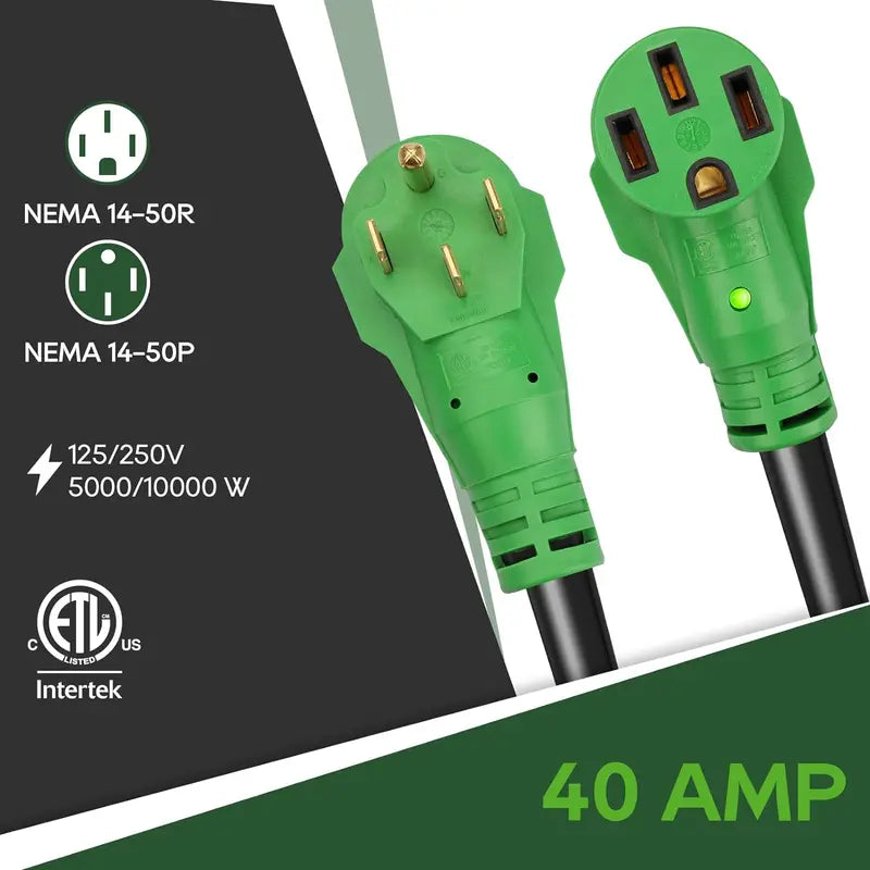 100-Foot NEMA 14-50 RV/EV Extension Cord  40A Heavy-Duty Cable with LED Power Indicator & Integrated Cord Organizer (Green)