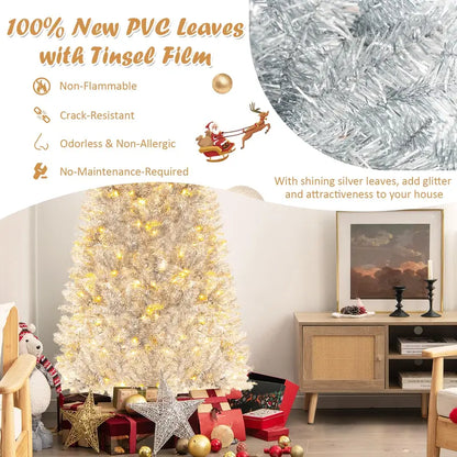 6-Foot Silver Pencil Christmas Tree  Electroplated Tinsel Finish with Pre-Installed Lights