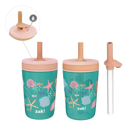 Zak Designs 3pc Kelso Straw Tumbler Set, 12oz Stainless Steel and 15oz Plastic, 2 Cups and 1 Bonus Straw, Leakproof and Perfect for Kids, Seashells
