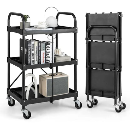 Three-Tier Rolling Utility Cart  Industrial-Strength Folding Tool Trolley with 330 LB Capacity