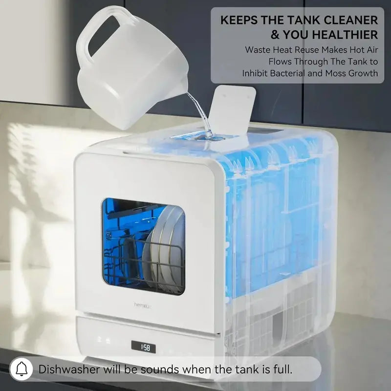 Hermitlux Portable Dishwasher with 7 Wash Cycles and Efficient Mini Footprint