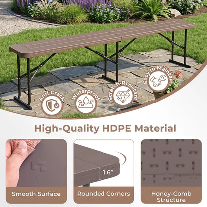 Lightweight Folding Bench  6-Foot Plastic Portable Seat with Carry Handle for Outdoor Use