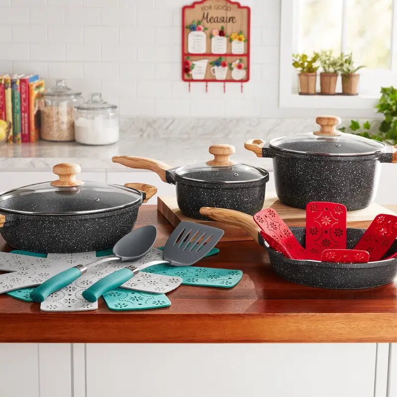 The Pioneer Woman 12-Piece Cast Aluminum Cookware Set, Nonstick, Charcoal Speckle