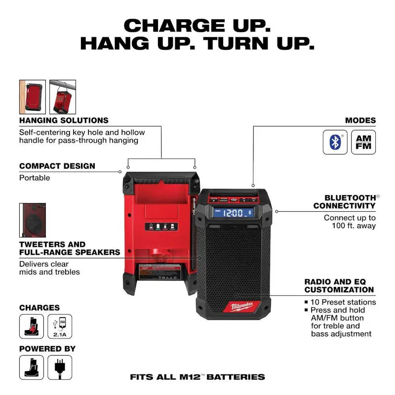 M12 12V Lithium-Ion Cordless Bluetooth/AM/FM Jobsite Radio  5.0 Ah & 2.5 Ah Batteries, Charger Included