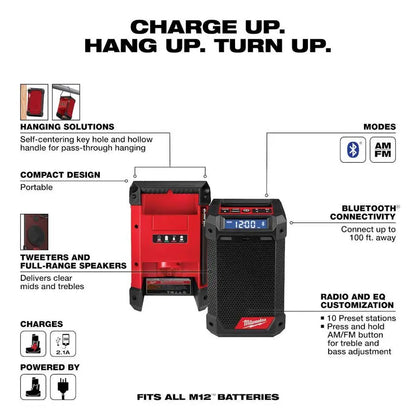 M12 12V Lithium-Ion Cordless Bluetooth/AM/FM Jobsite Radio  5.0 Ah & 2.5 Ah Batteries, Charger Included