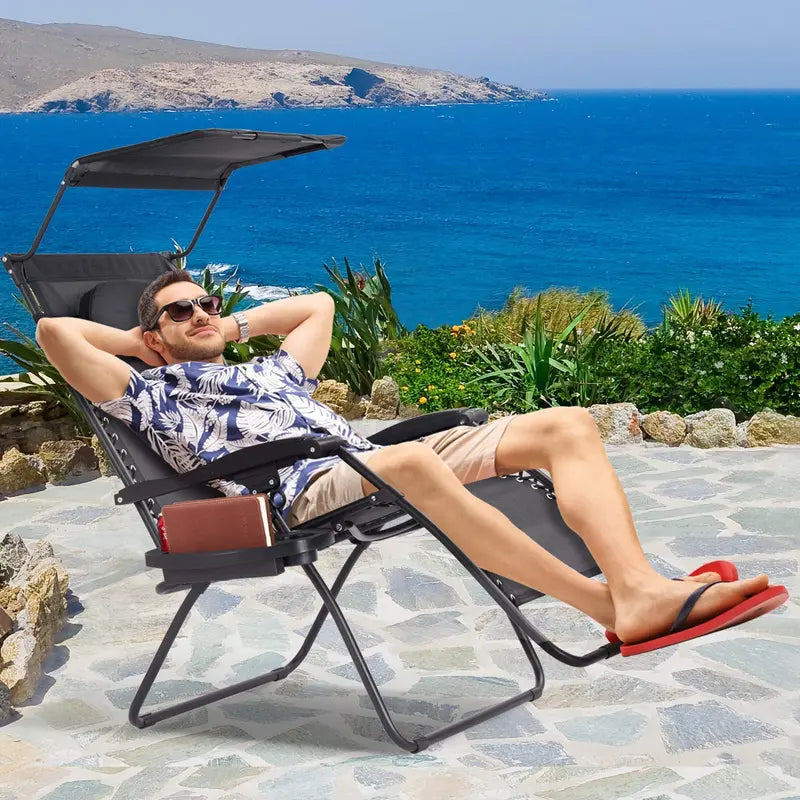 Wide Zero-Gravity Reclining Lounge Chair with Canopy Shade for Outdoor Relaxation