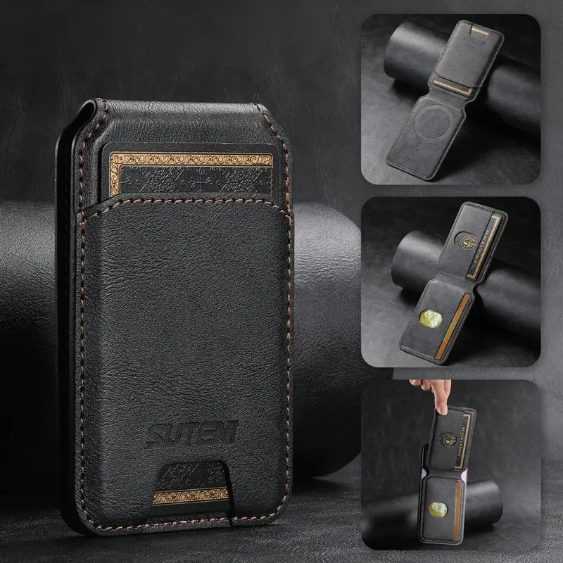 Luxury Brown Leather Magnetic Card Holder Wallet for iPhone