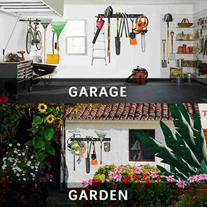 Heavy-Duty Wall-Mounted Garage Tool Rack with 6 Hooks & 3 Boards  Powder Coated Steel for Broom, Mop, Rake & Shovel Storage