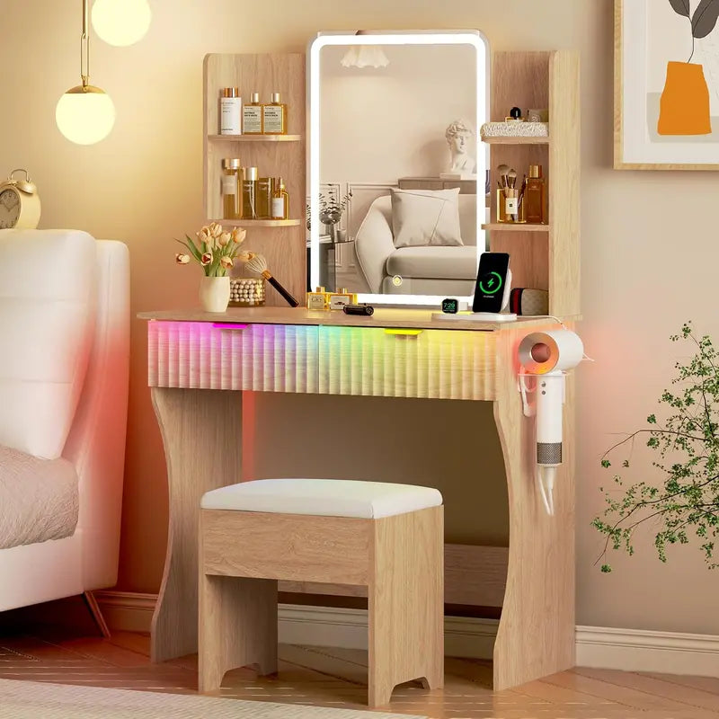 Compact LED Vanity Desk Set with Dimmable Mirror, Power Outlet, and Slim Profile