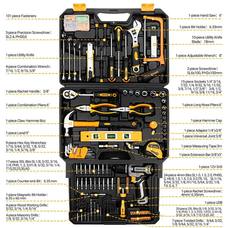 DEKOPRO 12V Cordless Drill & Tool Kit  Comprehensive Home Mechanic Toolbox Set