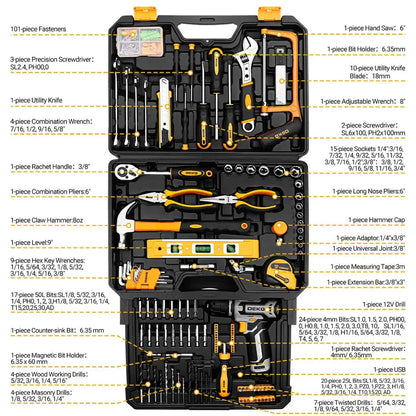DEKOPRO 12V Cordless Drill & Tool Kit  Comprehensive Home Mechanic Toolbox Set