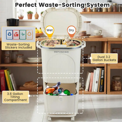 10-Gallon Dual-Bucket Kitchen Trash Bin  Lid-Covered Waste Container with Removable Liners