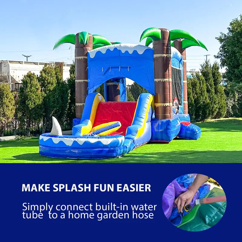 HeroKiddo Ocean Shark Inflatable Bounce House Water Slide Combo for Kids and Adults (with Splash Pool and Blower), Commercial Grade, Backyard Water Park, Wet Dry Use