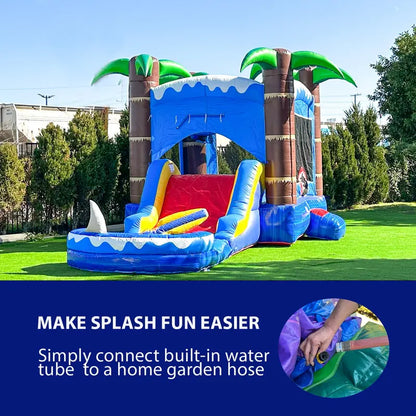 HeroKiddo Ocean Shark Inflatable Bounce House Water Slide Combo for Kids and Adults (with Splash Pool and Blower), Commercial Grade, Backyard Water Park, Wet Dry Use