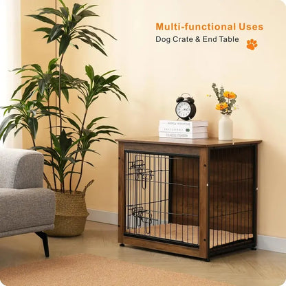 DWANTON Wooden Dog Crate Furniture with Cushion, Multi-Functional Pet Crate & Side Table, Durable & Chew-Resistant, Double Doors, Adjustable Feet