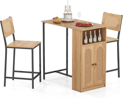Bohemian Rattan 3-Piece Dining Set  Counter-Height Table + 2 Stools with Adjustable Shelving and Metal Frame
