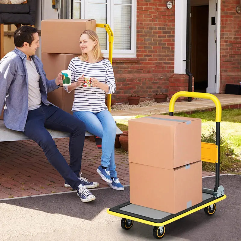 Lightweight Folding Flatbed Cart  330 LB Capacity Yellow Platform Dolly with Push Handle