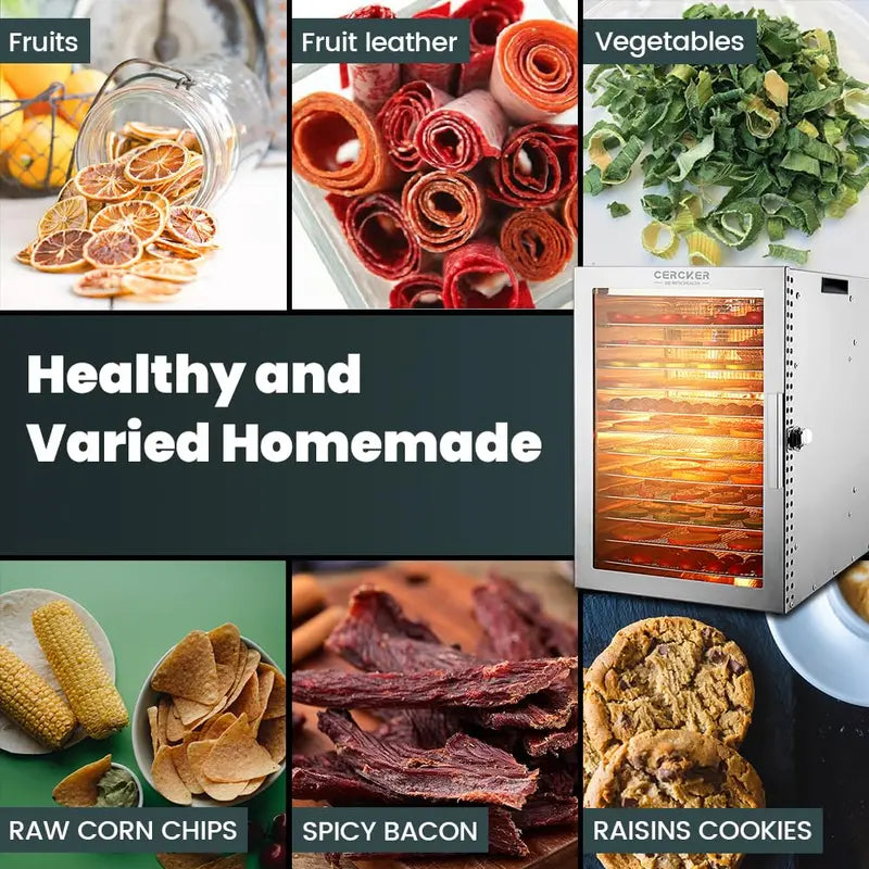 Cercker 12-Tray Food Dehydrator  Stainless Steel Racks, Precise Temperature Control for Healthy Snacks