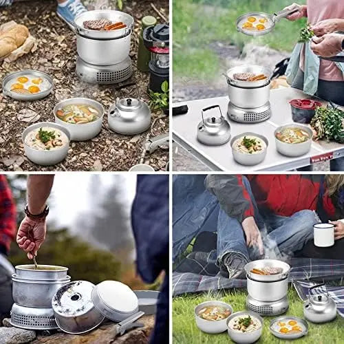 Portable Aluminum Camping Stove Set with Pots, Plates, Kettle & Accessories  Lightweight & Compact for Outdoor Use