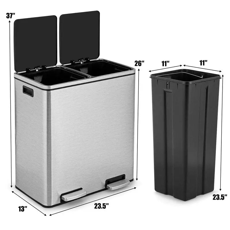 Dual-Compartment Stainless Steel Step Trash Can  60-Liter (16-Gallon) Touch-Free Bin Set