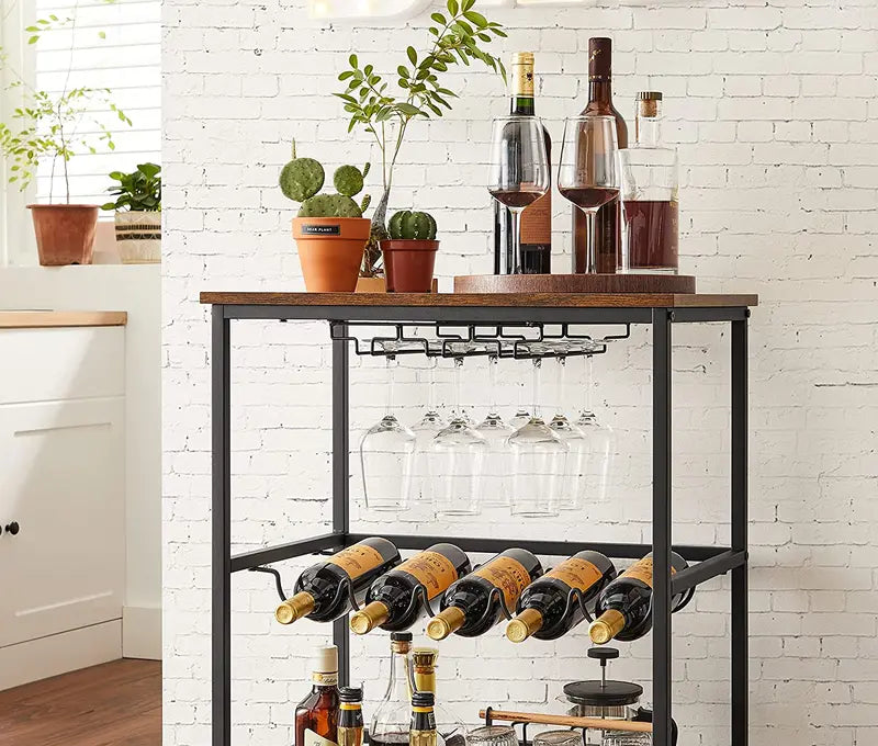 Bar Cart, Serving Cart, Industrial, Rustic Brown and Black