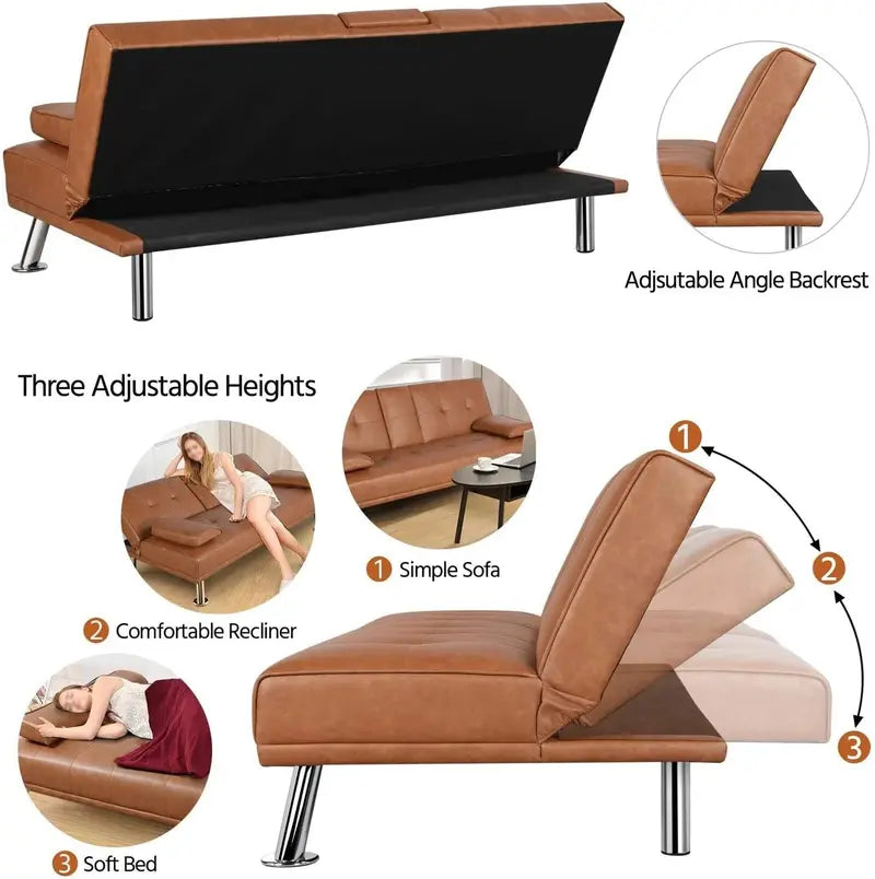Yaheetech Modular Sofa Bed  Adjustable Faux Leather Reclining Loveseat with Removable Arms, Cup Holders, and 3-Position Support (Black, 772 lb Capacity)