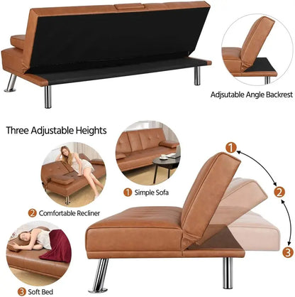 Yaheetech Modular Sofa Bed  Adjustable Faux Leather Reclining Loveseat with Removable Arms, Cup Holders, and 3-Position Support (Black, 772 lb Capacity)