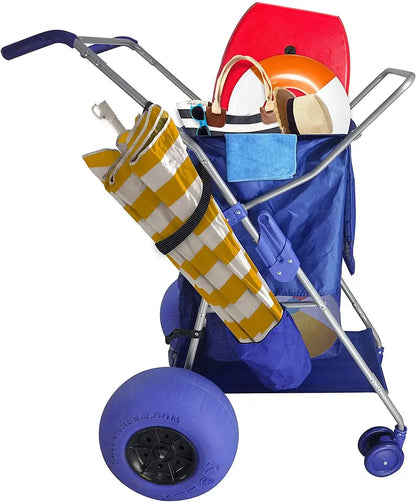 RollX Foldable Beach Cart  12″ Balloon Tires, Mesh Storage Pockets & Umbrella Holder (Blue)