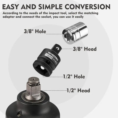 WORKPRO 4-Piece Impact Driver Socket Adapter Kit: 1/4″, 3/8″, and 1/2″ Drive Converters